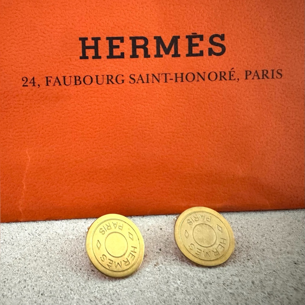 HERMES Sellier Clip Earrings Gold Tone Vintage Paris
